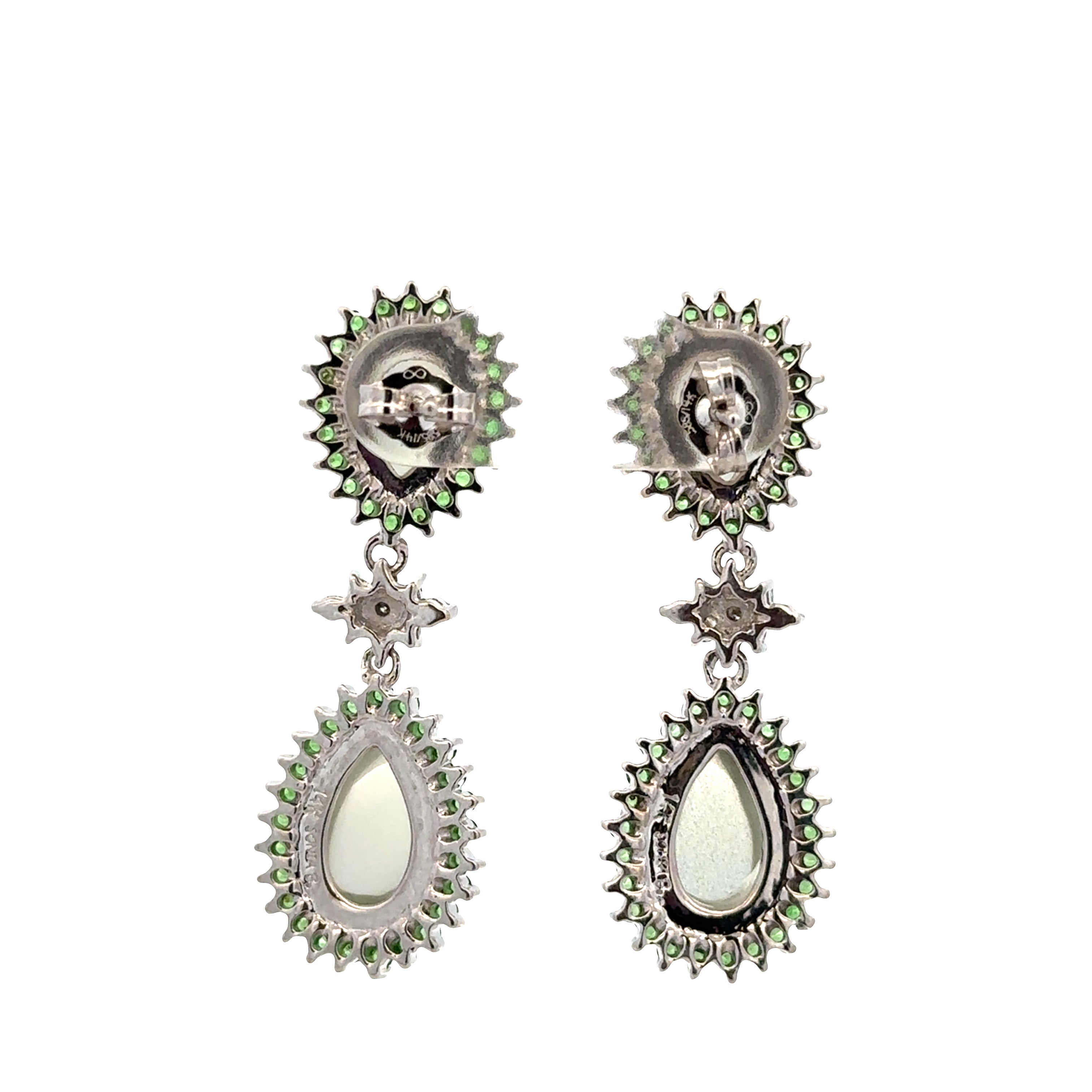 Estate Sonia B 14k White Gold Moonstone, Tsavorite & Diamond Drop Earrings – 1 1/2" Tall