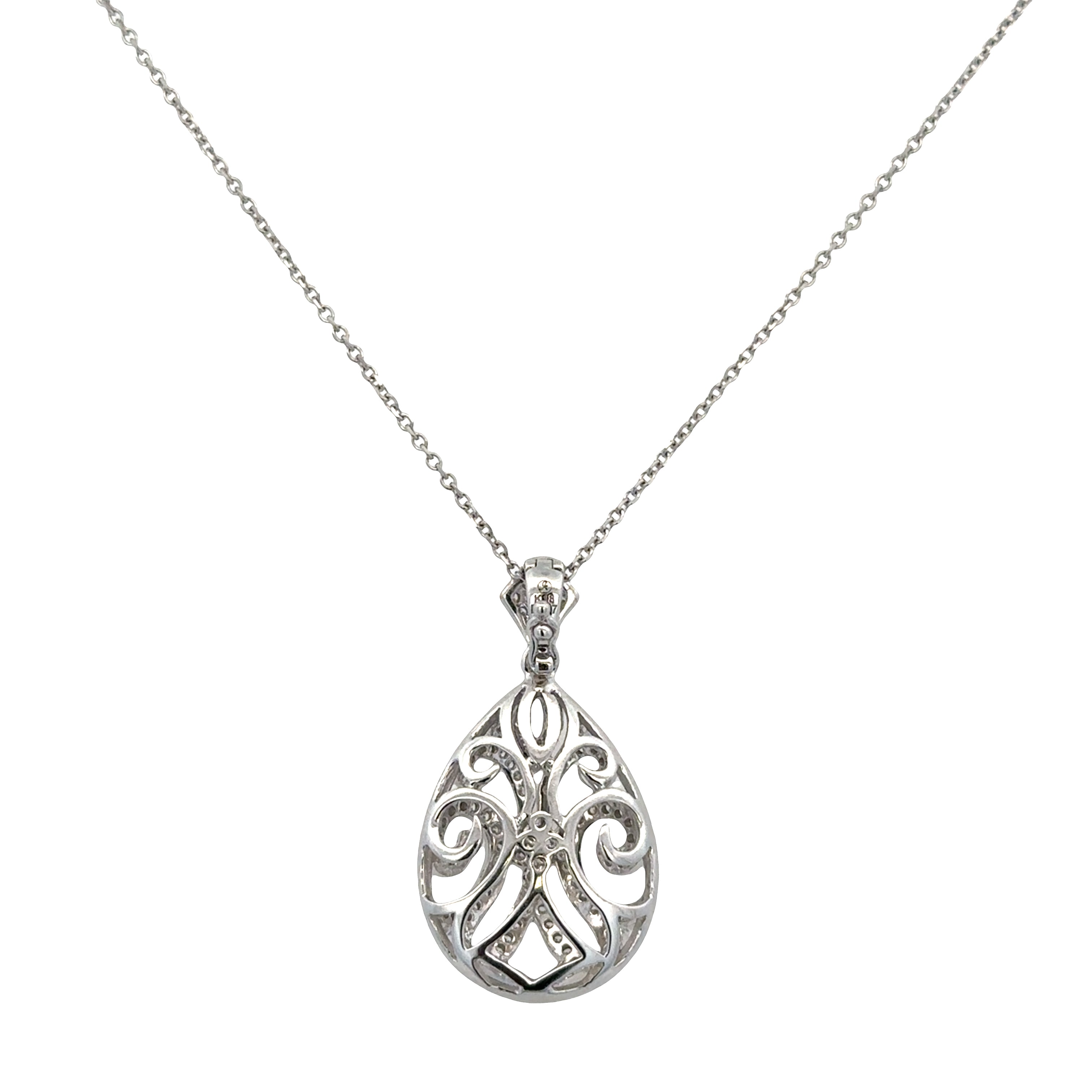 18k White Gold Openwork Teardrop Diamond Pendant – 18"
