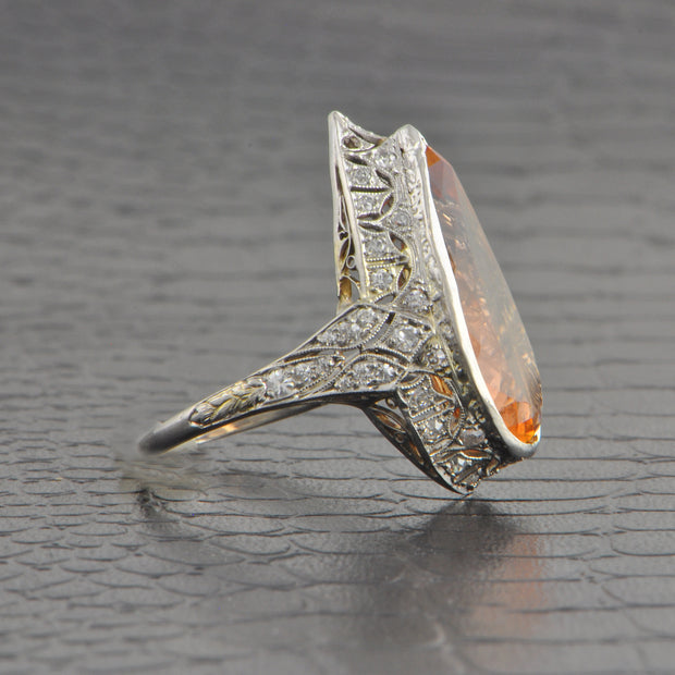 Antique Art Deco 9.97 ct. Pear Cut Imperial Topaz Ring in Platinum