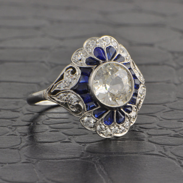 Resplendent Art Deco Old European Cut Diamond and Sapphire Ring in Platinum