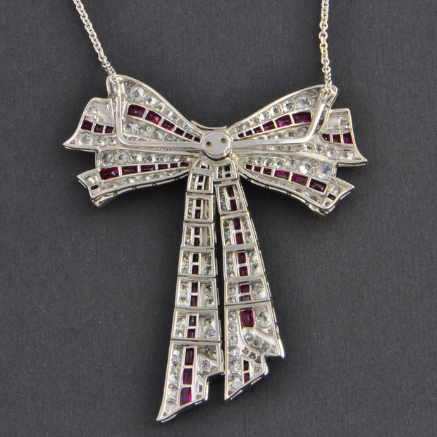 Antique Edwardian Burmese Ruby and Diamond Bow Necklace in Platinum