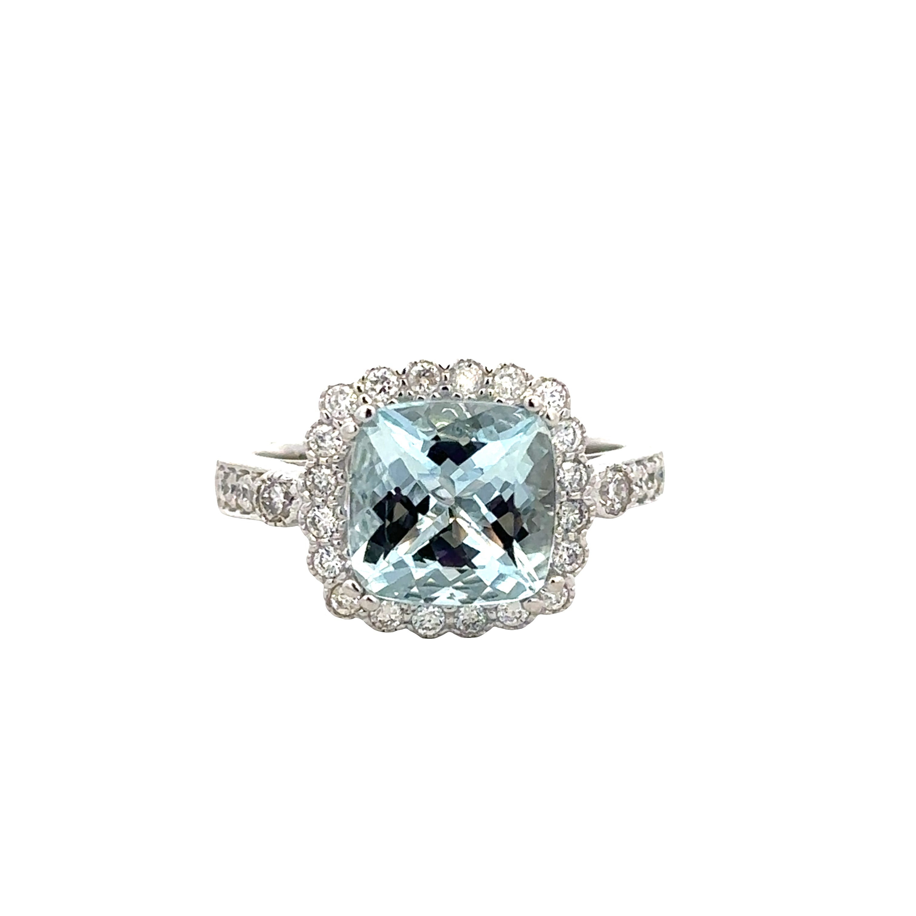 14k White Gold Cushion Cut Aquamarine and Diamond Halo Ring – 2.75 ct. Aquamarine, 0.50 ct. Diamonds