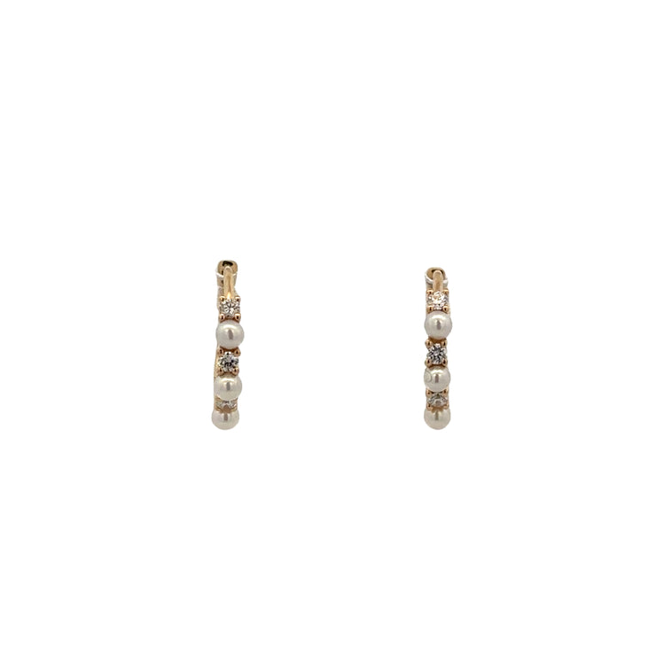 Petite Pearl and Diamond Hoop Earrings in Yellow Gold