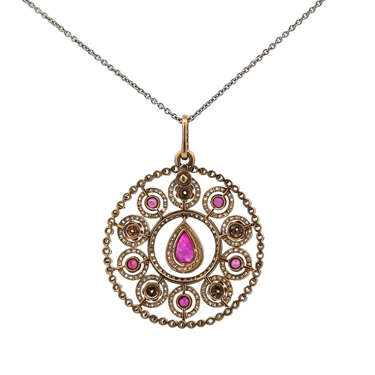 Antique Victorian Circular No-Heat Burmese Ruby Pendant Necklace in Platinum Topped Gold