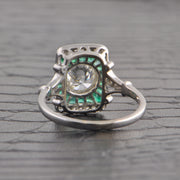 Art Deco Inspired 1.01 ct. H-VS2 Old European Cut Diamond and Emerald Ring in 18k White Gold