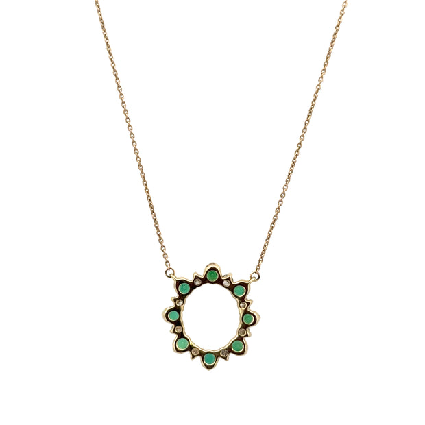 Emerald and Diamond Circle Necklace in Yellow Gold