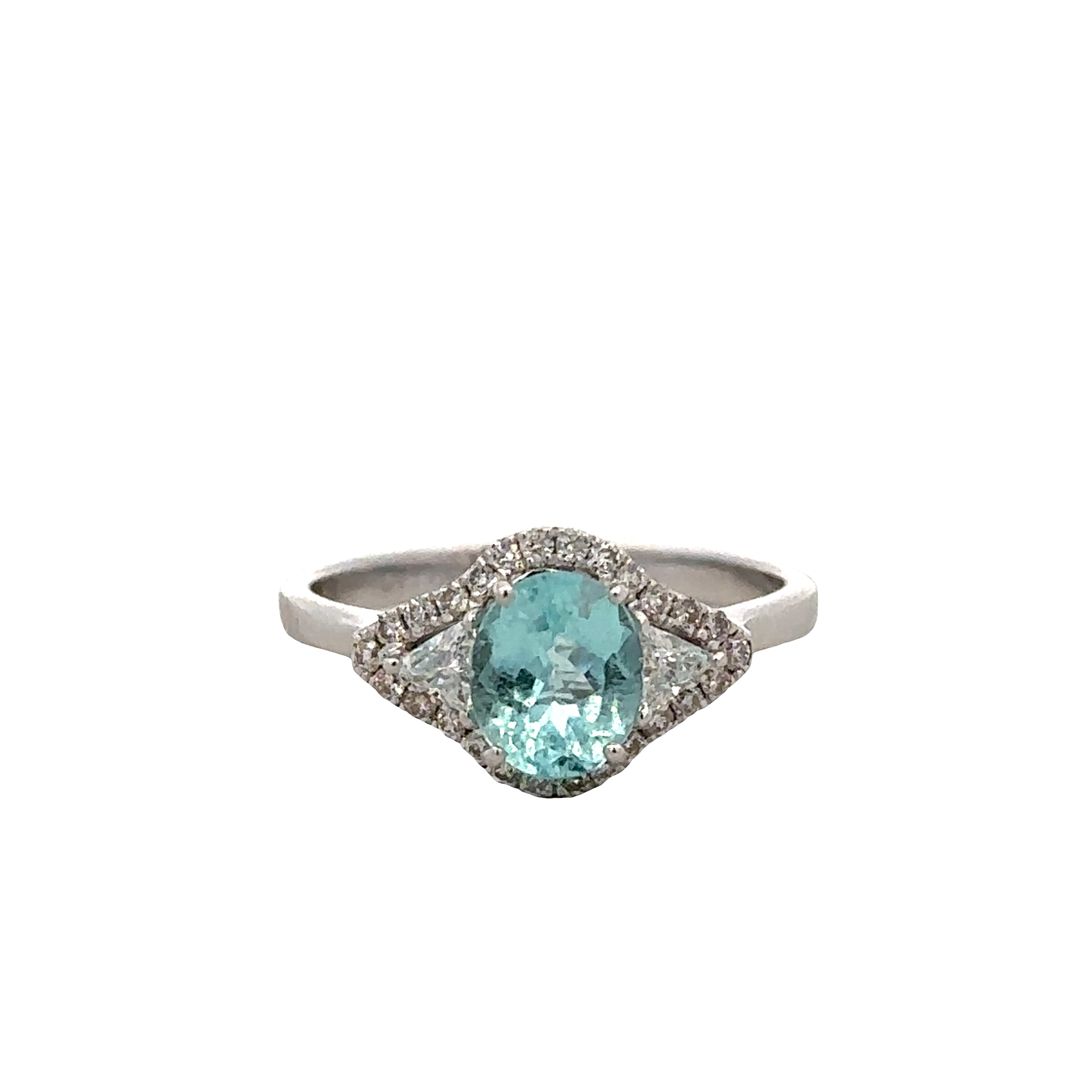 18k White Gold Ring with 0.96 CT Light Paraiba Tourmaline, Trillion and Round Diamond Accents – Size 6