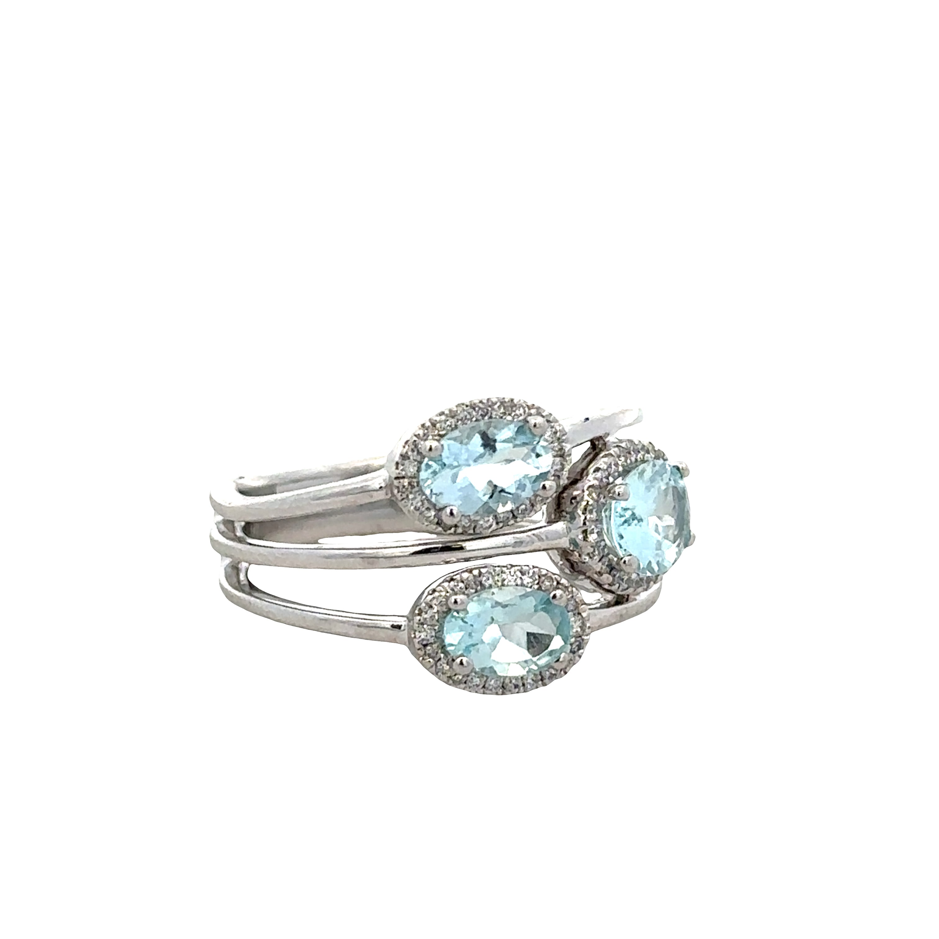 14k White Gold Split Shank Aquamarine & Diamond Halo Ring