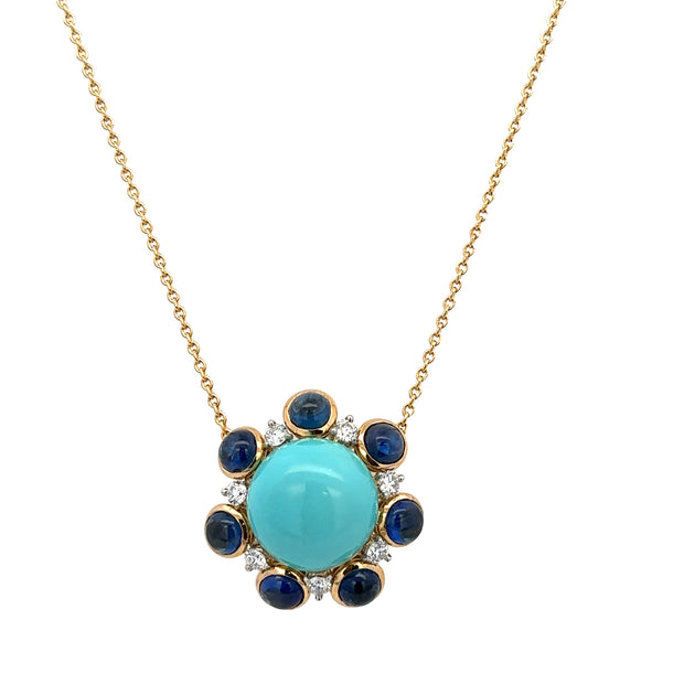 Vintage Turquoise, Sapphire, and Diamond Necklace in Platinum and 18k Gold