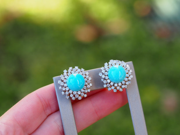 Vintage 1960s Yellow Gold and Palladium Turquoise and Diamond Clip-on Earrings