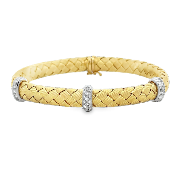 Woven 18k Gold Bangle Bracelet with Diamond Accents