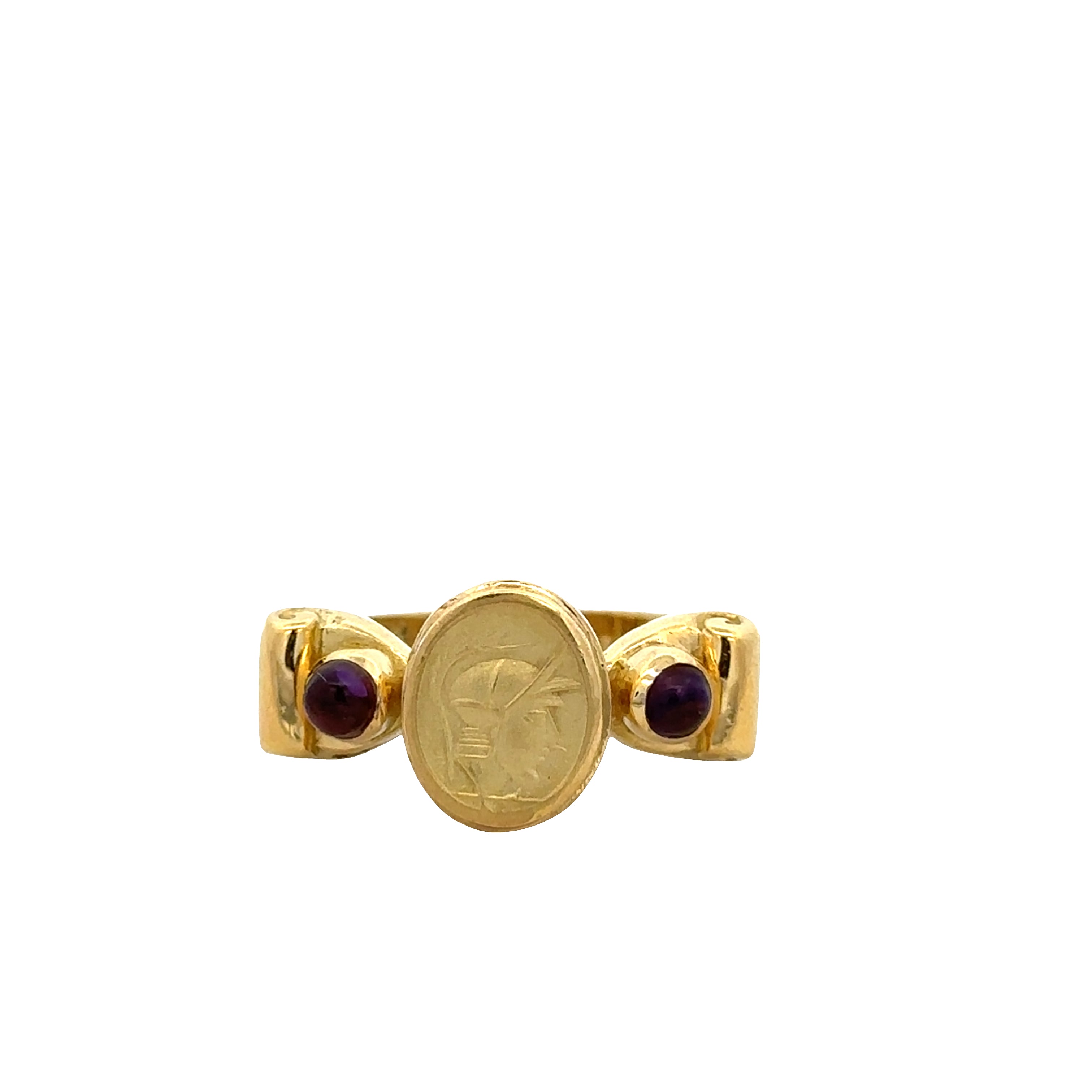 Vintage 18k Yellow Gold Roman Soldier Intaglio Ring with Amethyst Cabochons
