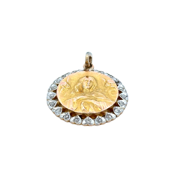 Yellow Gold and Platinum Virgin Mary Rose Cut Diamond Pendant