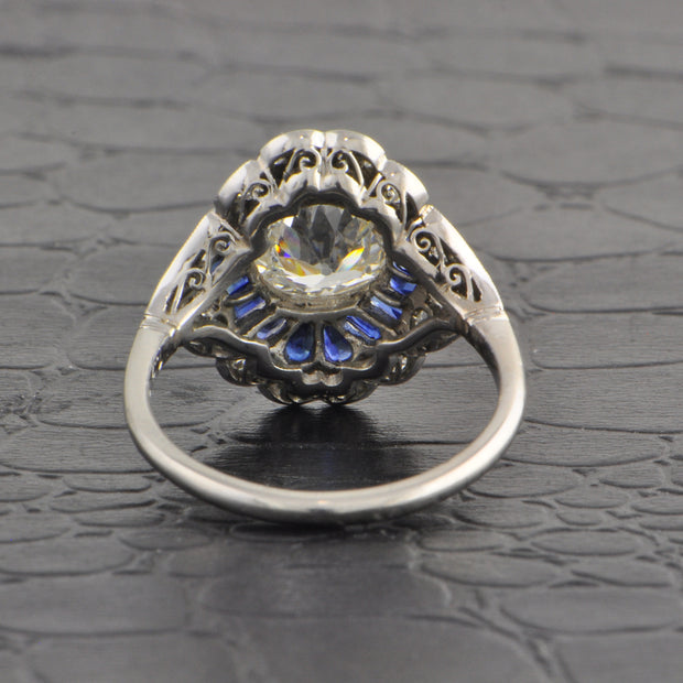 Resplendent Art Deco Old European Cut Diamond and Sapphire Ring in Platinum