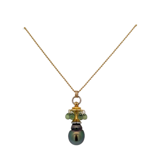 Designer South Sea Tahitian Pearl and Peridot Pendant in 18k Yellow Gold by William Travis