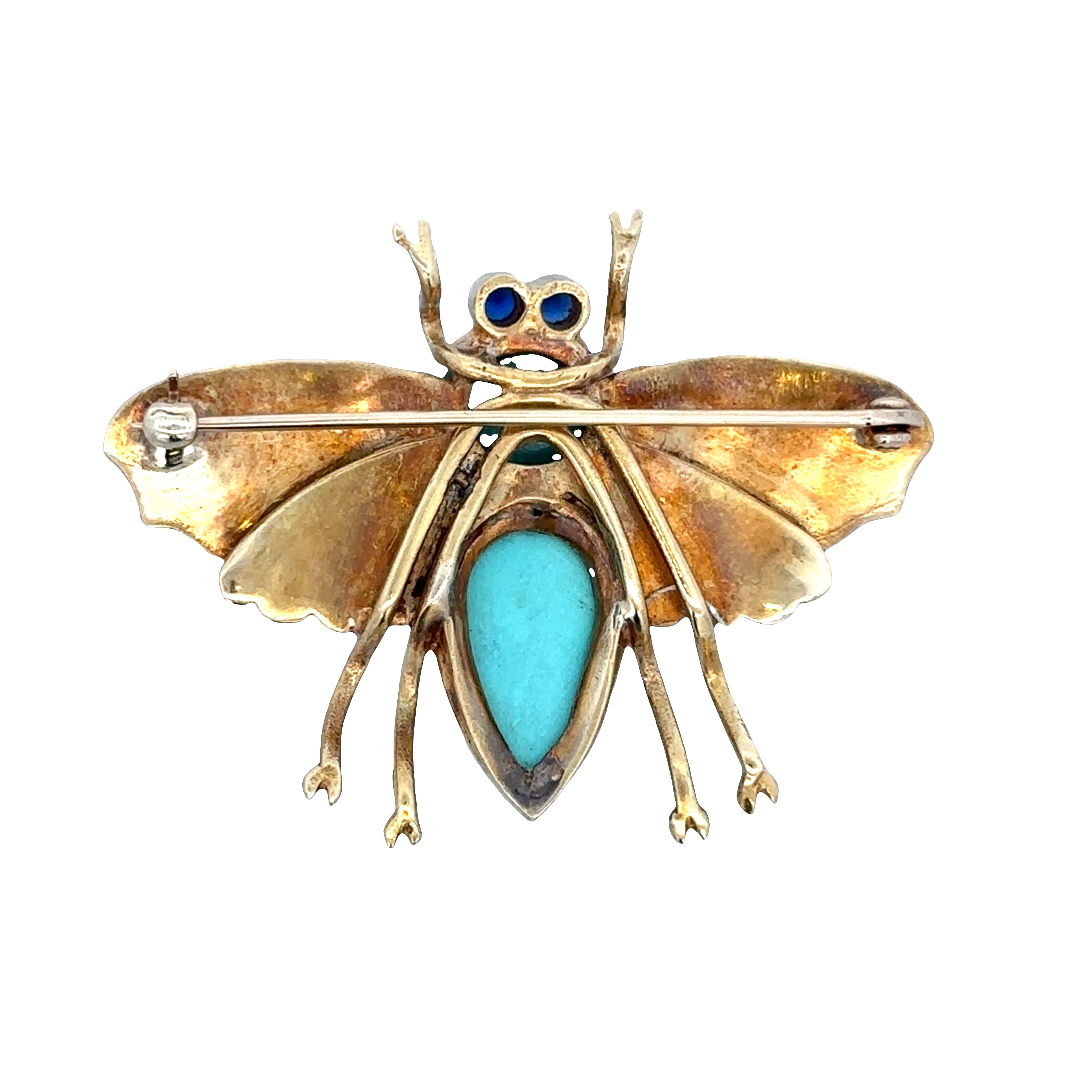 Vintage 18k Yellow Gold Turquoise & Sapphire Fly Brooch – Circa 1960s