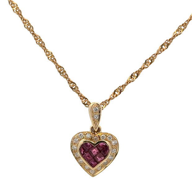 Ruby and Diamond Heart Pendant in Yellow Gold