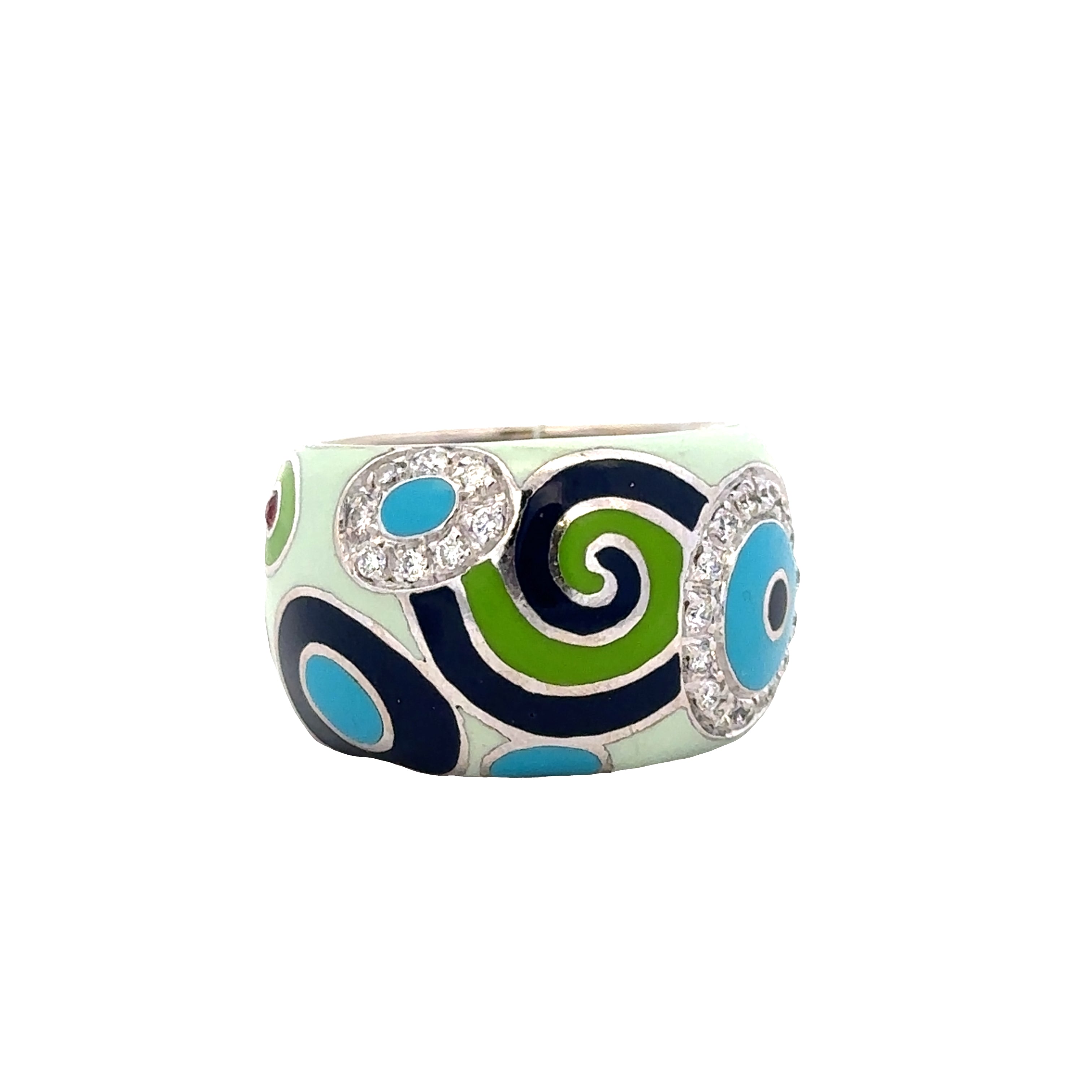 Estate Roberto Coin 18k White Gold Enamel & Diamond Pop Art Band Ring – Size 6.5