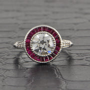 Art Deco Inspired 1.50 Old European Cut Diamond and Ruby Bullseye Ring in 18k White Gold