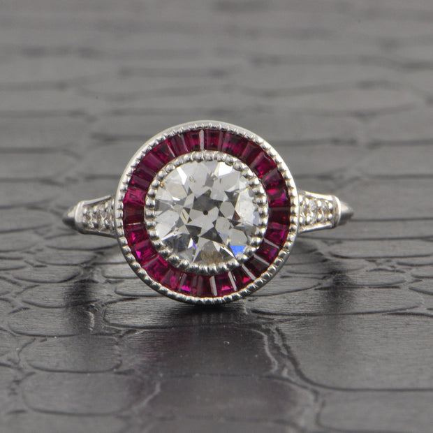 Art Deco Inspired 1.50 Old European Cut Diamond and Ruby Bullseye Ring in 18k White Gold