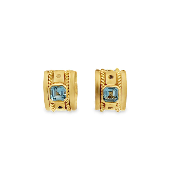 Blue Topaz, Sapphire, and Diamond Hoop Earrings in 18k Yellow Gold