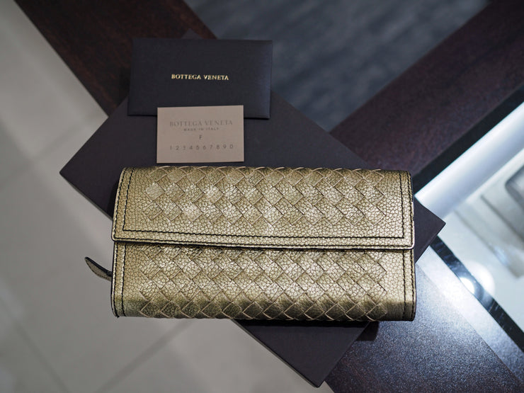 Gold Bottega Veneta Continental Intrecciato Long Wallet