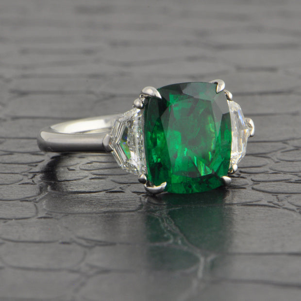 Emerald and Half-Moon Cut Diamond Ring in Platinum