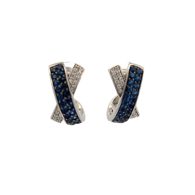 Sapphire and Diamond X Huggie Earrings in 18k White Gold