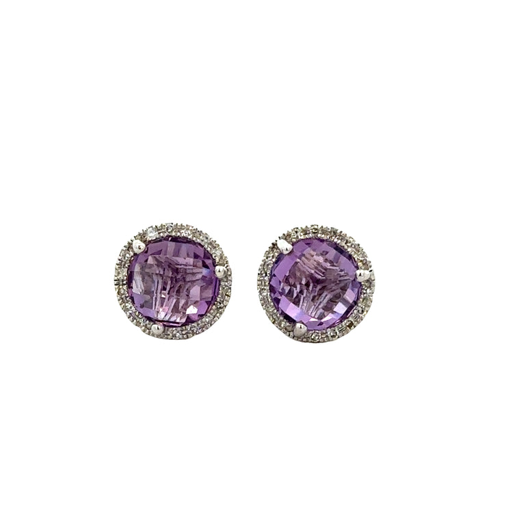 Checkerboard Cut Amethyst and Diamond Stud Earrings in