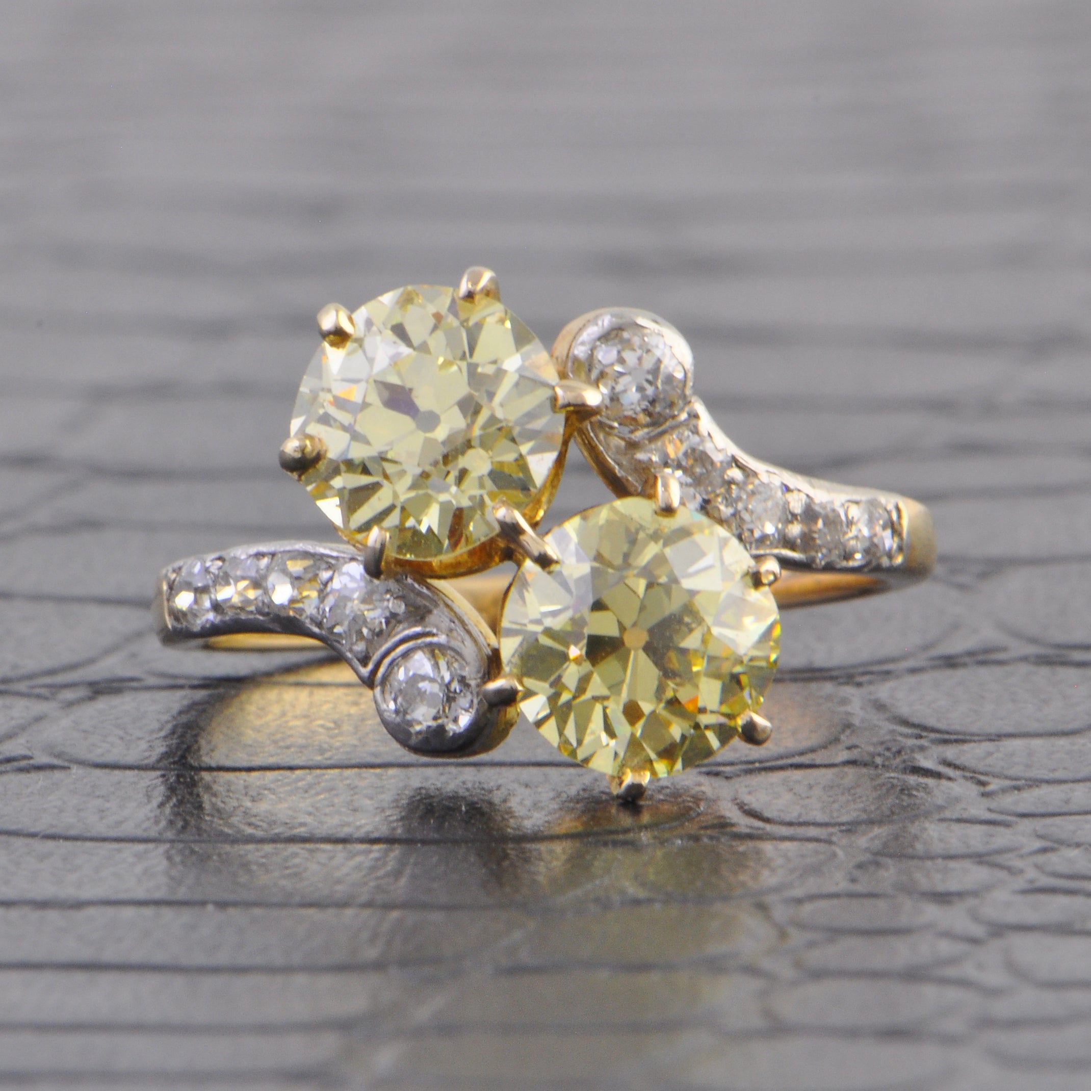 Antique Platinum-Topped 14k Yellow Gold Bypass Ring with 2.37 Carat Fancy Yellow Old European Cut Diamonds