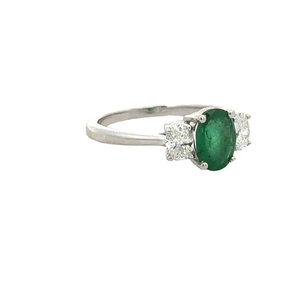 Oval Cut Emerald and Diamond Three Stone Ring