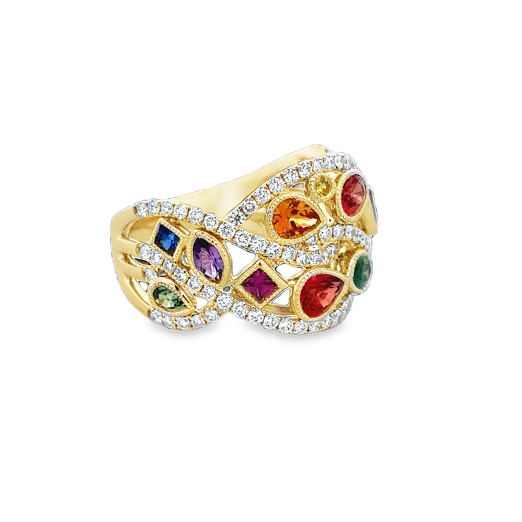 Mutli-Gemstone Openwork Ring in Yellow Gold