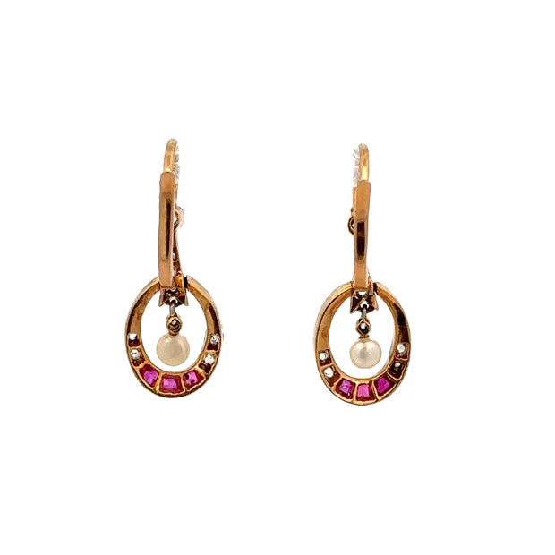 Edwardian Inspired Ruby, Diamond, and Pearl Earrings in Platinum & 18k Yellow Gold