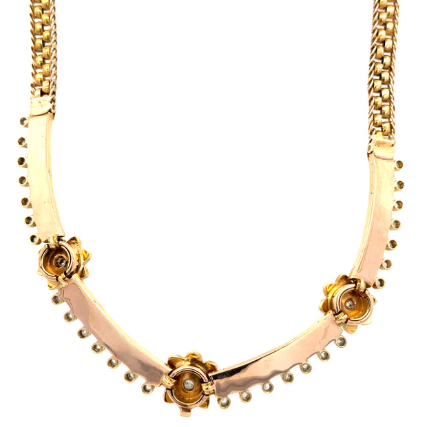 Antique Edwardian Pearl and Old Mine & Rose Cut Diamond Floral Necklace in Yellow Gold