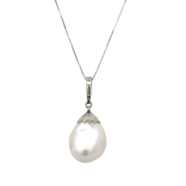 Baroque Pearl and Diamond Pendant in White Gold