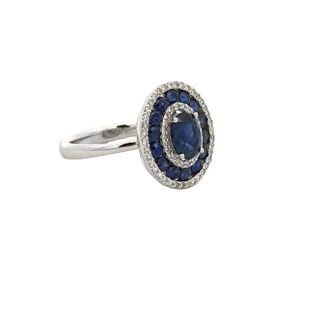 Sapphire and Diamond Halo Ring in White Gold