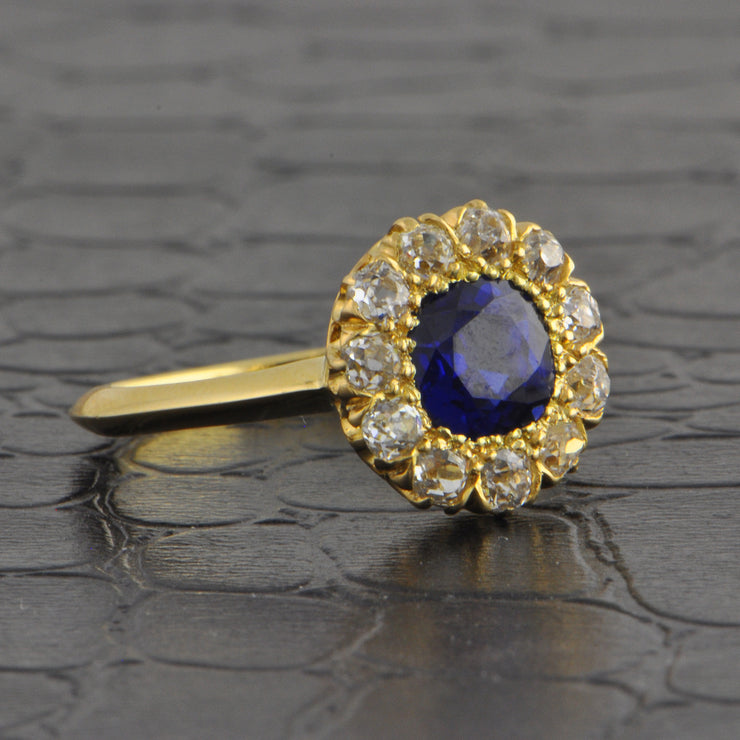 Antique Edwardian Sapphire and Old Mine Cut Diamond Cluster Ring in 18k Yellow Gold