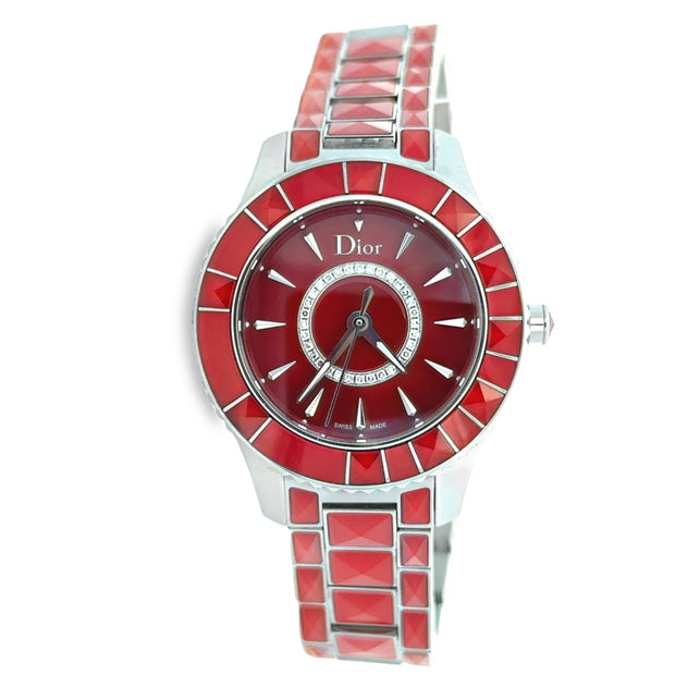 Pre-owned Dior Christal Red Quartz Ceramic Diamond Wristwatch