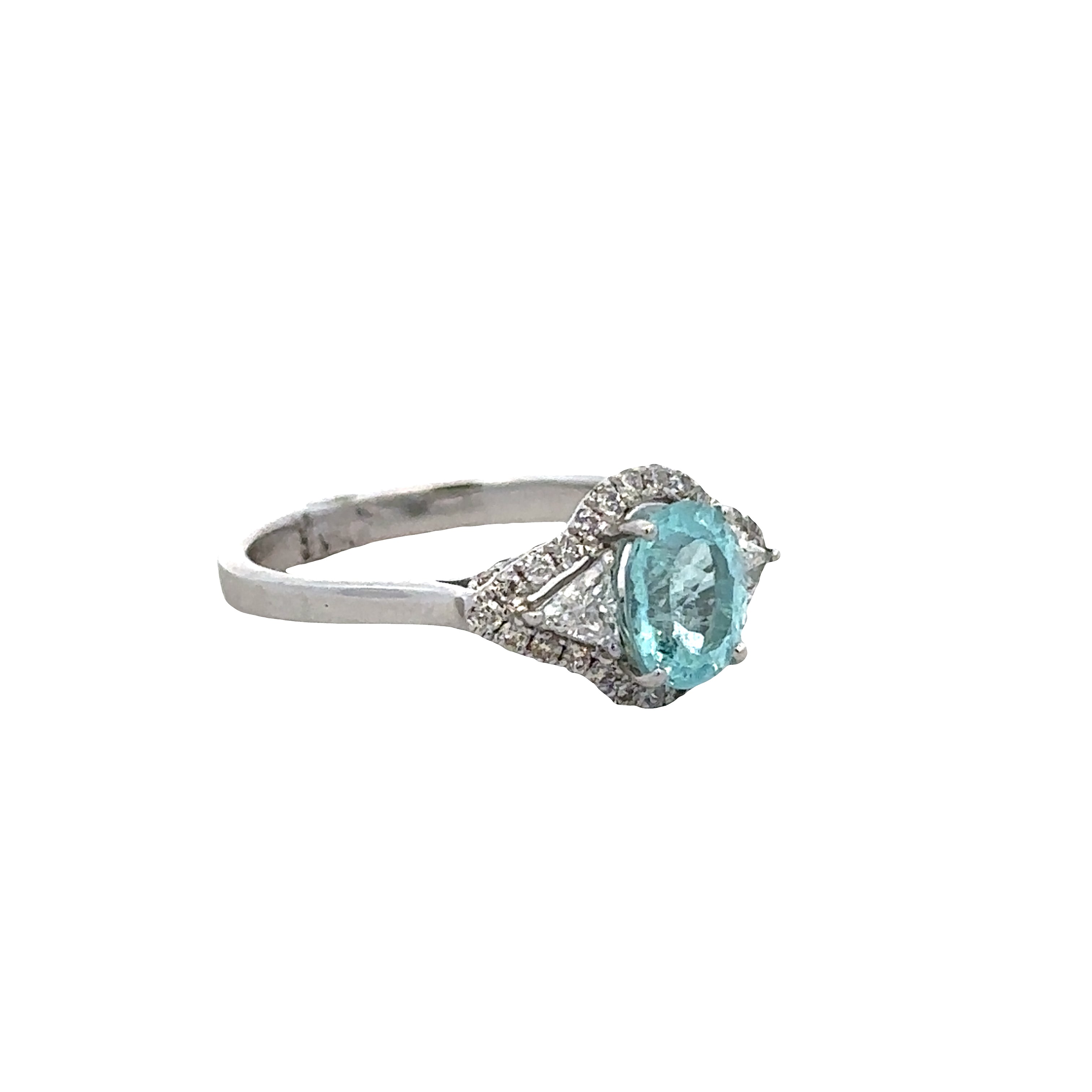 18k White Gold Ring with 0.96 CT Light Paraiba Tourmaline, Trillion and Round Diamond Accents – Size 6