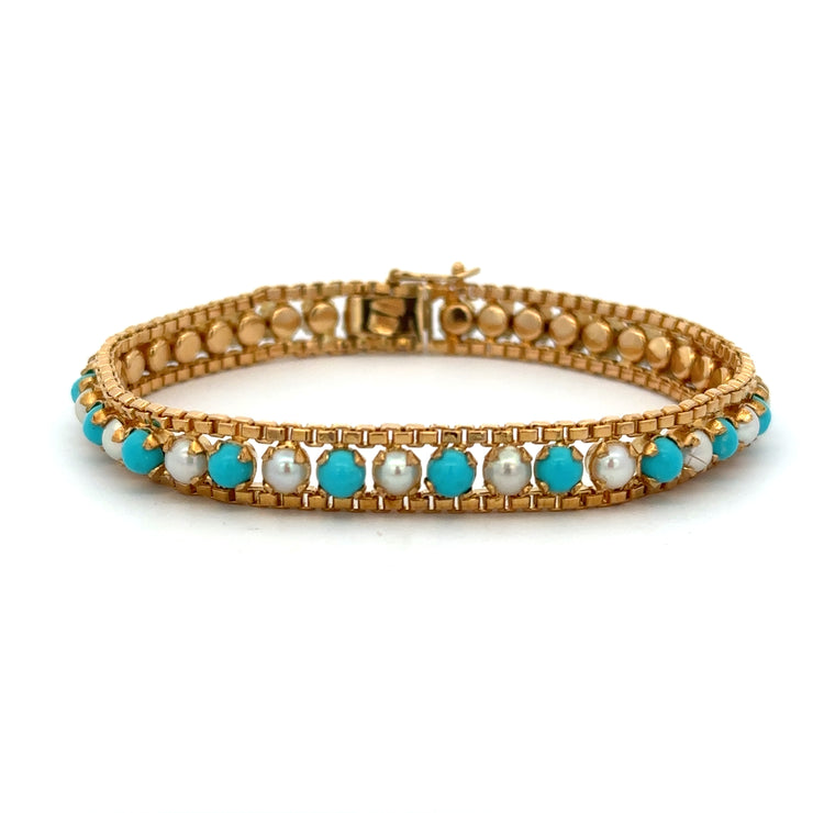 Turquoise and Akoya Cultured Half Pearl Bracelet in 18k Yellow Gold