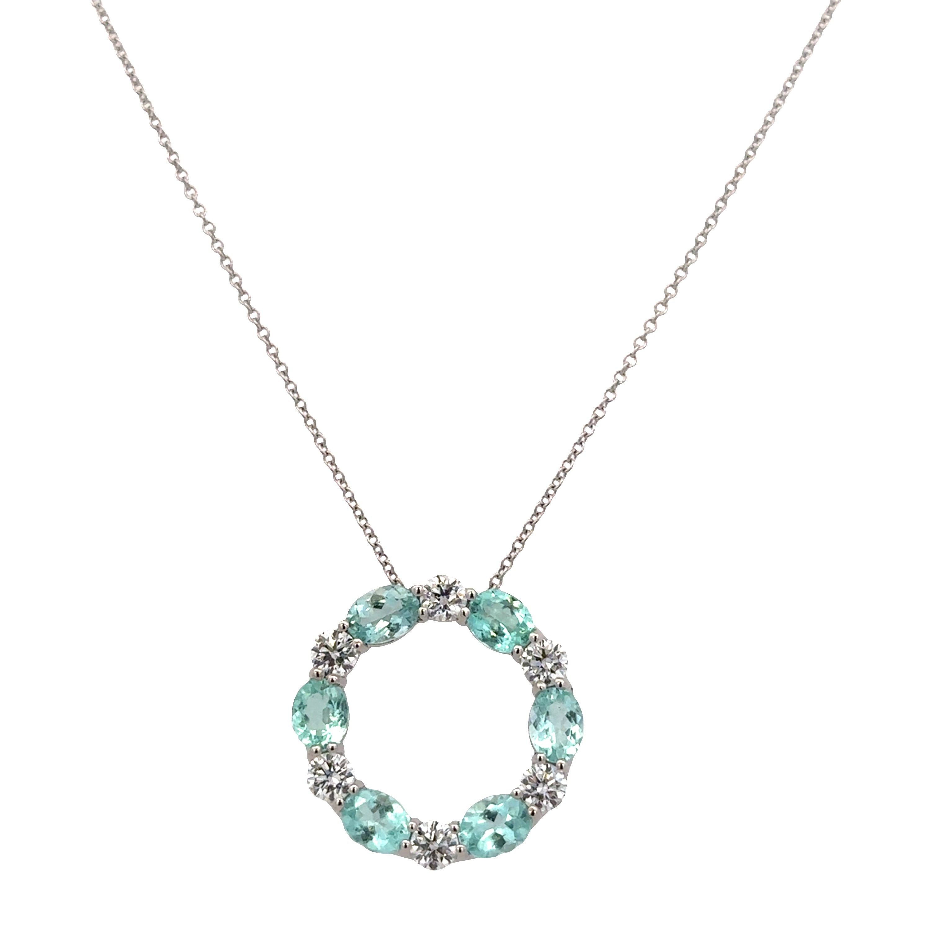 18k White Gold Necklace with 1.83 CT Oval Paraiba Tourmalines and 0.78 CT Diamonds – Adjustable 16"-18"