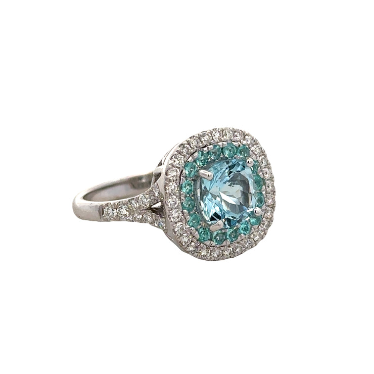 Aquamarine, Tourmaline and Diamond Ring in White Gold