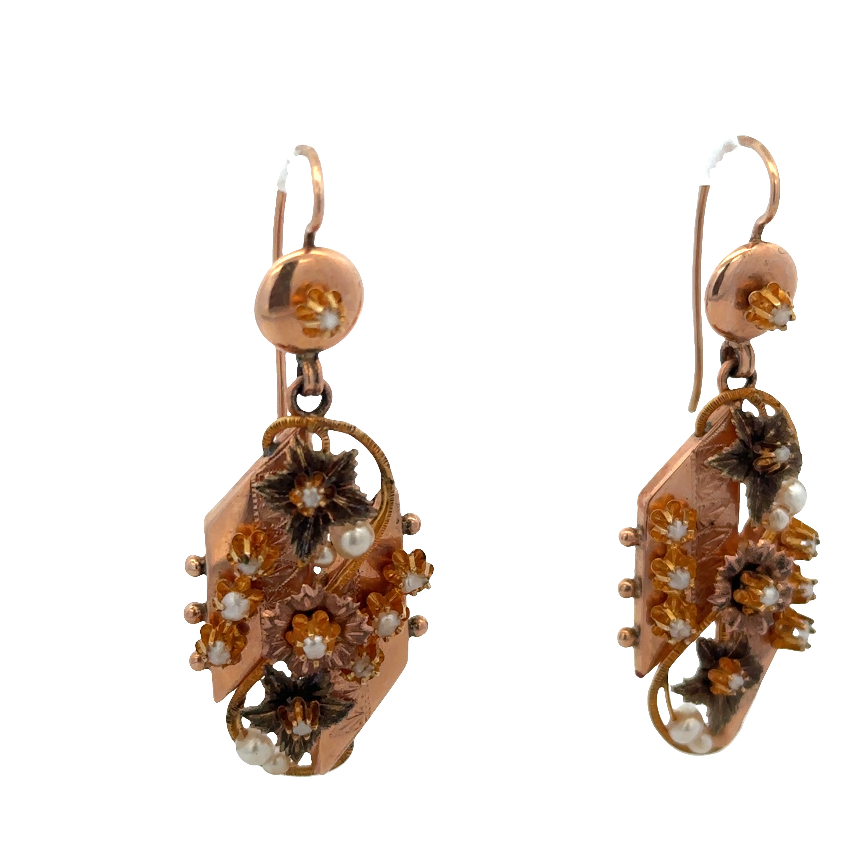 Antique Victorian 12k Rose & Yellow Gold Seed Pearl Dangle Earrings – Circa 1890s