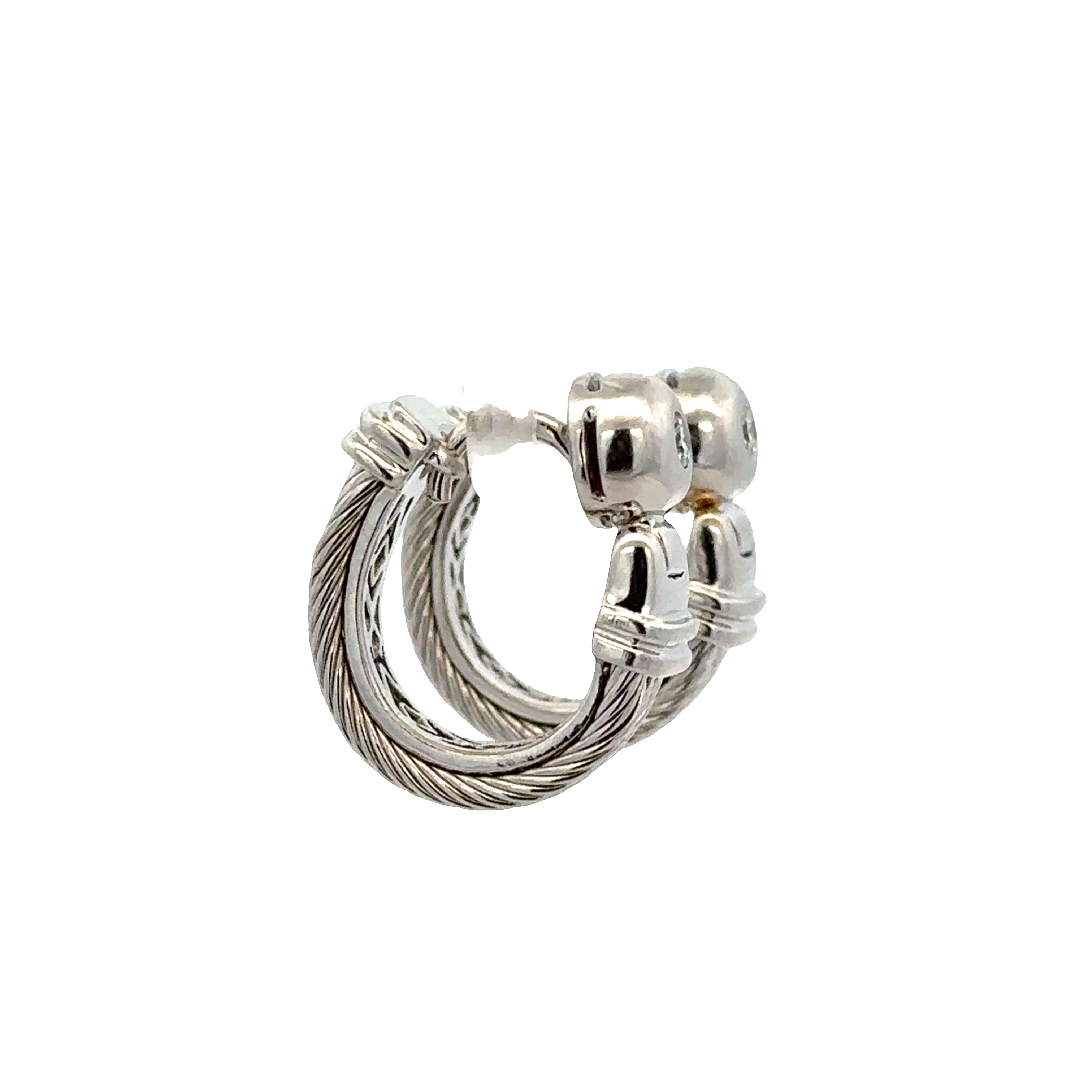 18k White Gold Rope Accented Huggie Earrings with Bezel Set Diamonds