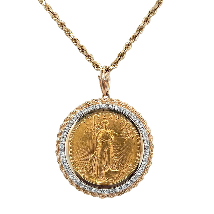 Double Eagle Coin Pendant with Diamond Bezel in Yellow Gold