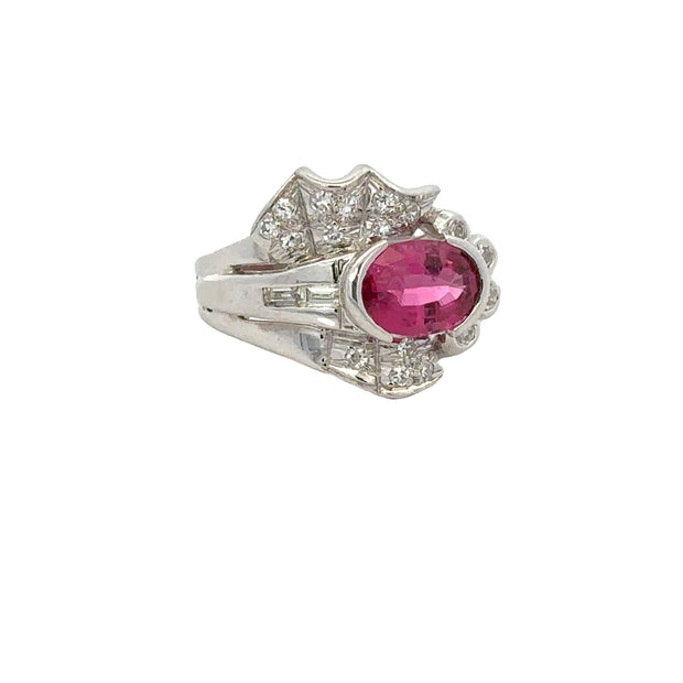 Vintage 1950s Pink Tourmaline and Diamond Ring in Platinum