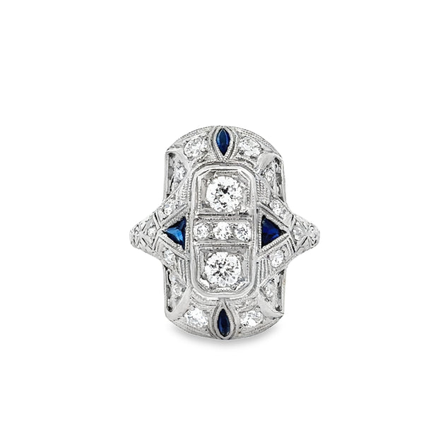 Antique Art Deco Diamond and Synthetic Sapphire Ring in Platinum