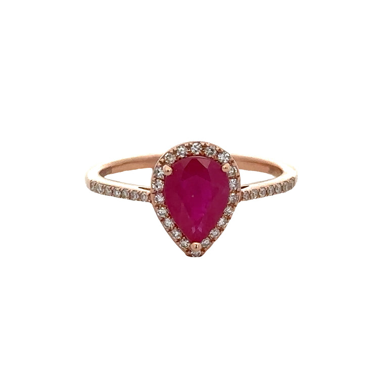 Pear Shape Ruby and Diamond Ring in Rose Gold