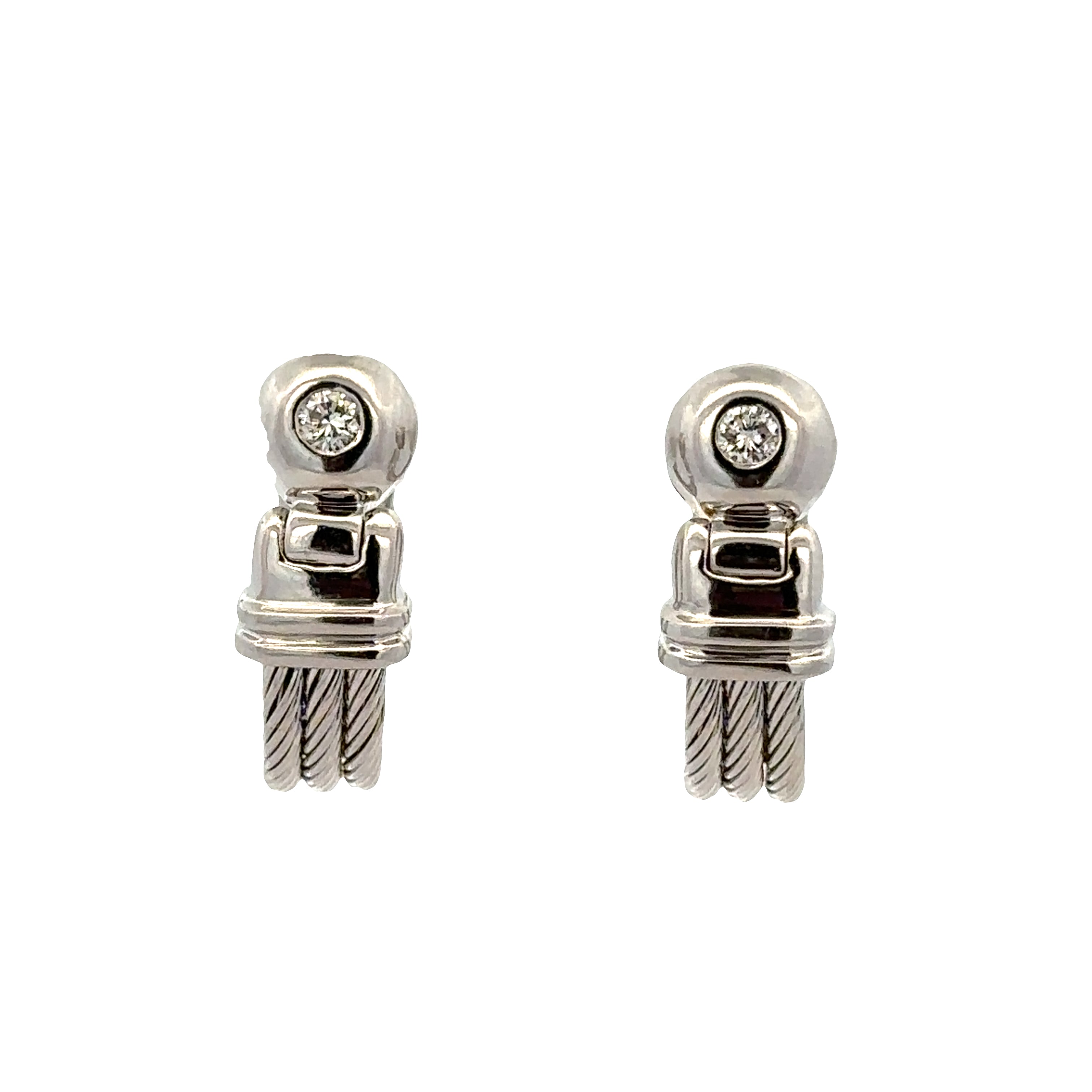 18k White Gold Rope Accented Huggie Earrings with Bezel Set Diamonds