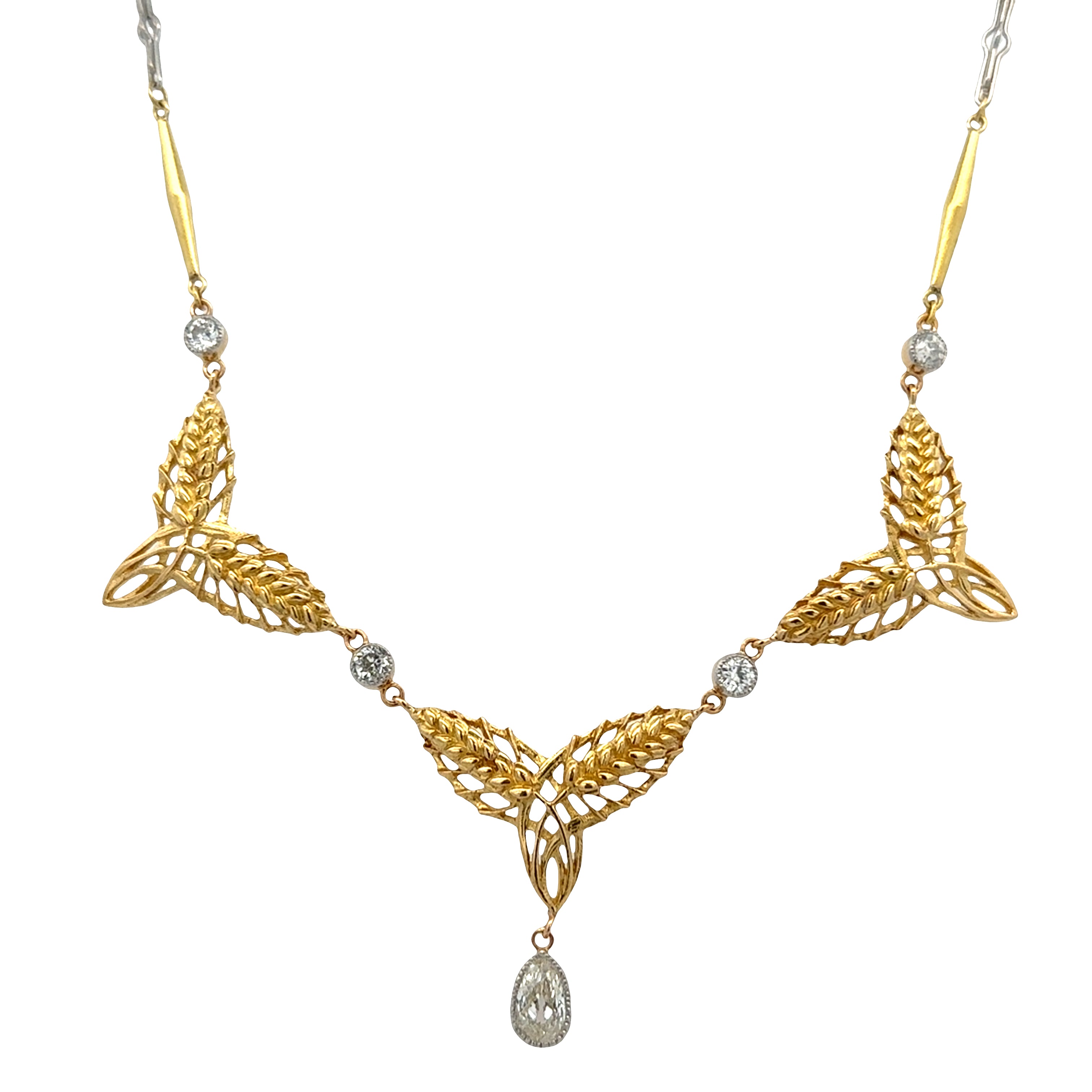 Vintage 1950s 18k Yellow Gold and Platinum Diamond Foliate Necklace – 1.05 Carats Total Weight
